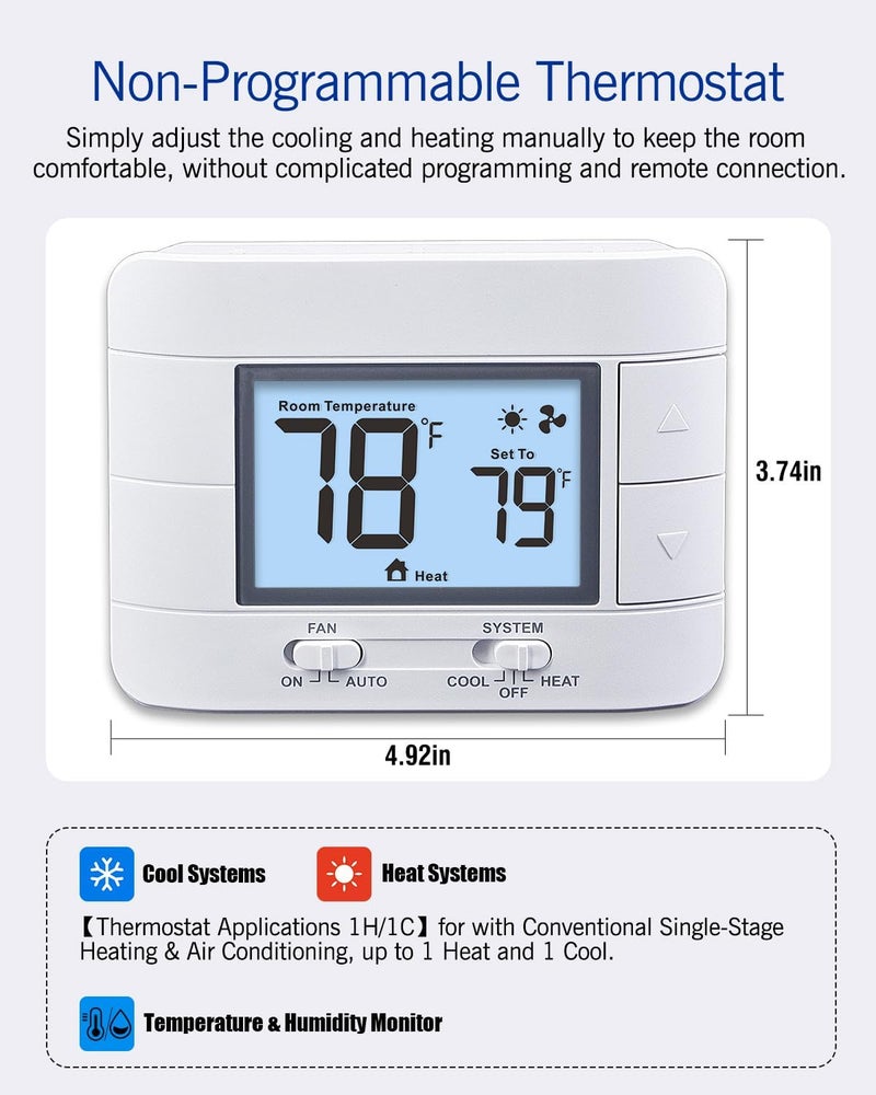 Aowel Non Programmable Thermostat for Home 1 Heat/ 1 Cool Single-Stage System, with Room Temperature Monitor (LCD White Backlit Screen) - Image 2